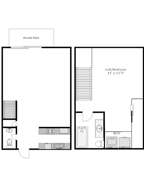 Floor plan for 1 bed, 1.5 baths, 808 sqft
